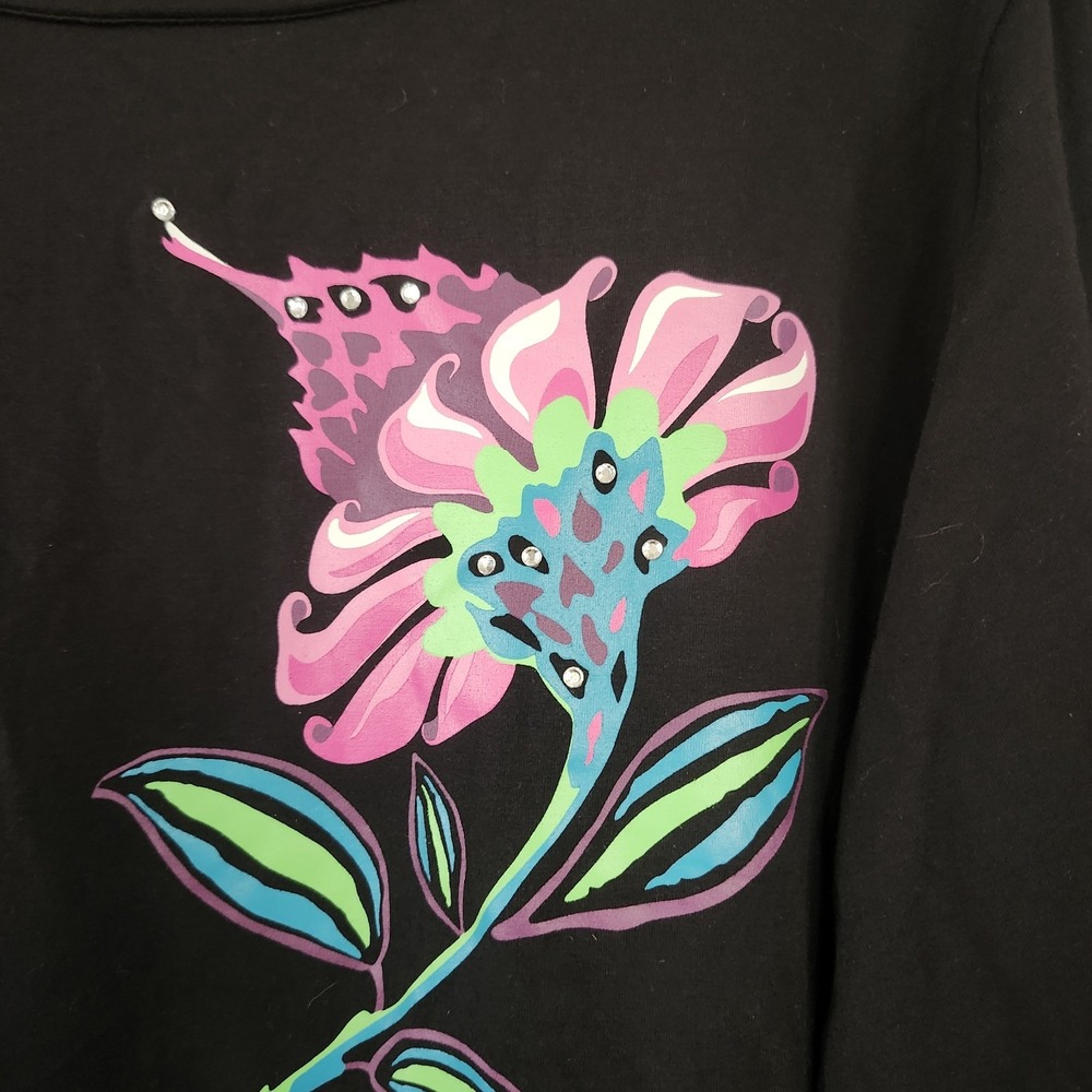 Bob Mackie Wearable Womens 1X Black Floral Print 3/4 Sleeve Top Shirt Rhinestone - Picture 2 of 5
